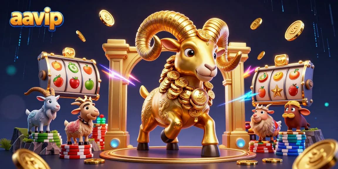 AAVIP engages players with a vibrant illustration featuring golden ram and lively slot reels.