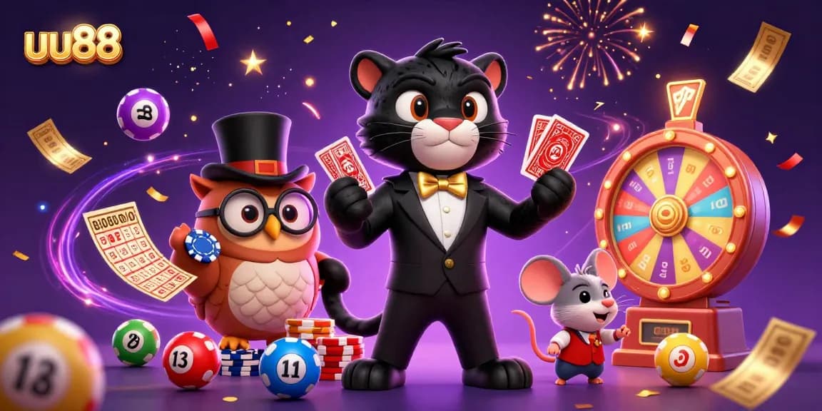 Experience thrilling gameplay at uu88 with vibrant lottery balls and festive casino characters.