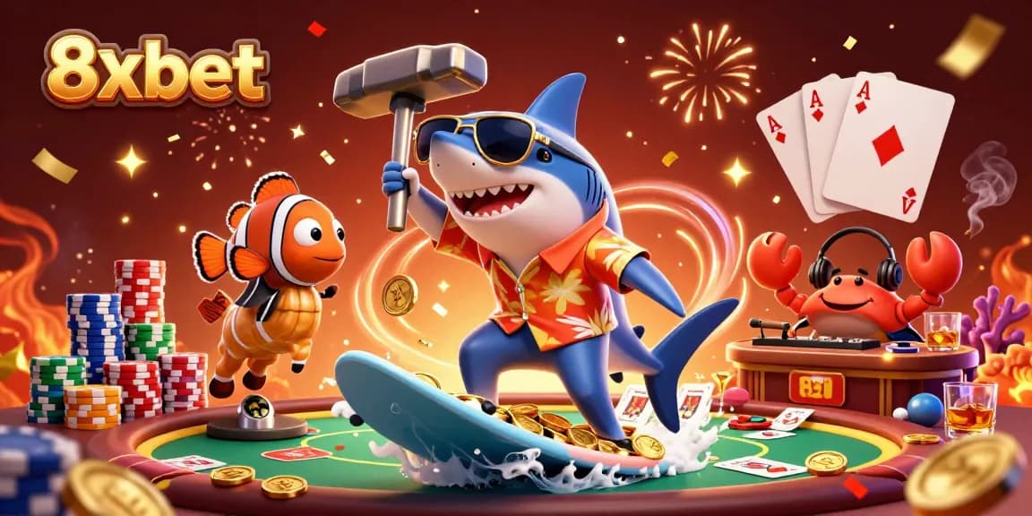 Experience the thrill of 8xbet with a vibrant 3D scene featuring a shark and clownfish amidst a poker extravaganza.