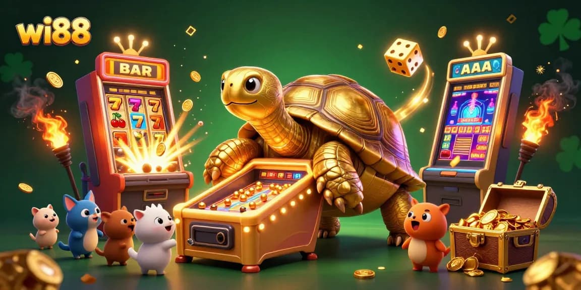 Experience the excitement of wi88 with a thrilling jackpot scene featuring a golden tortoise pinball machine and bursting slot machines.