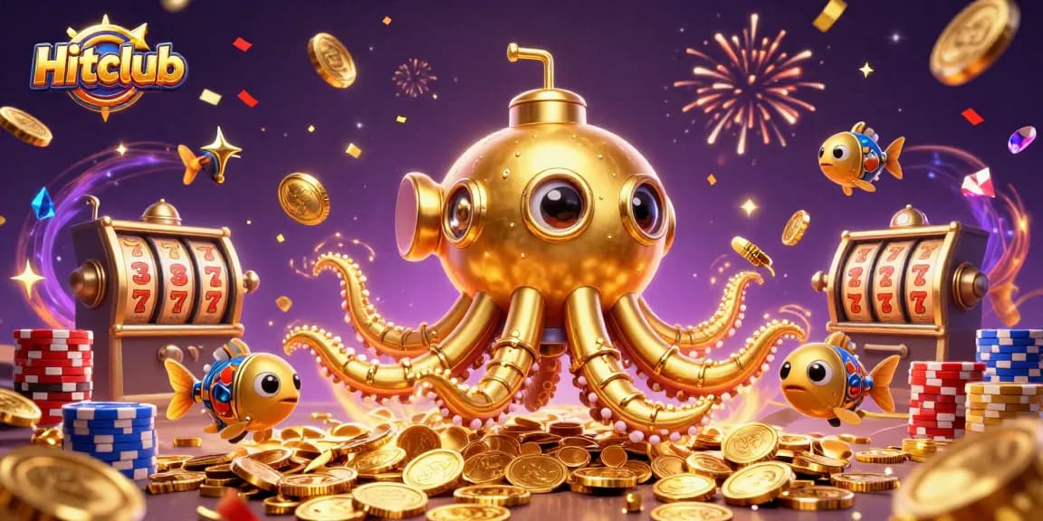 Hitclub showcases a thrilling scene with a golden kraken and dynamic casino elements, celebrating winnings.