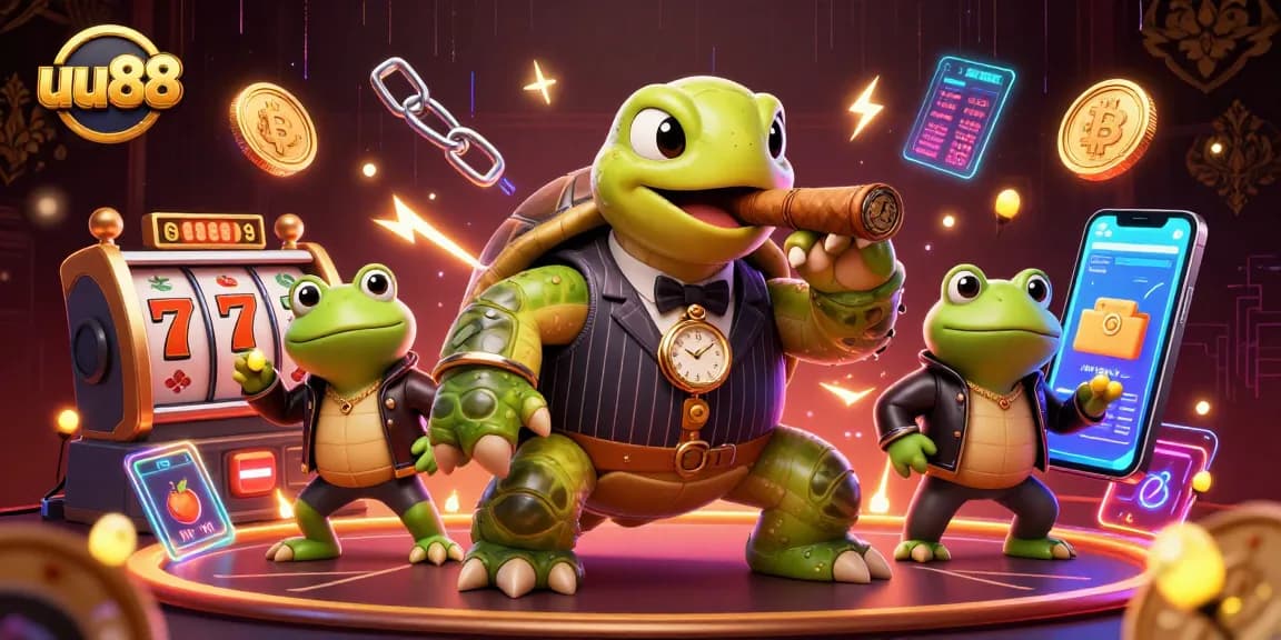 Win big at uu88 with an exciting casino scene featuring a snapping turtle and bullfrog characters.