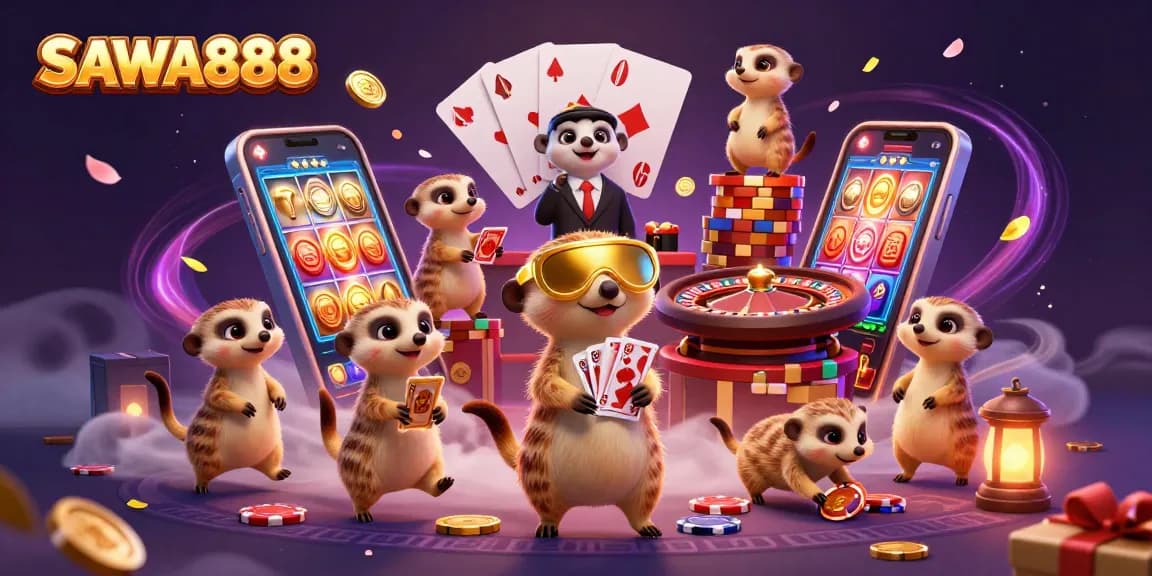 Experience the excitement of SAWA888 with animated meerkats engaging in dynamic casino operations, showcasing colorful slot games amidst a vibrant atmosphere.