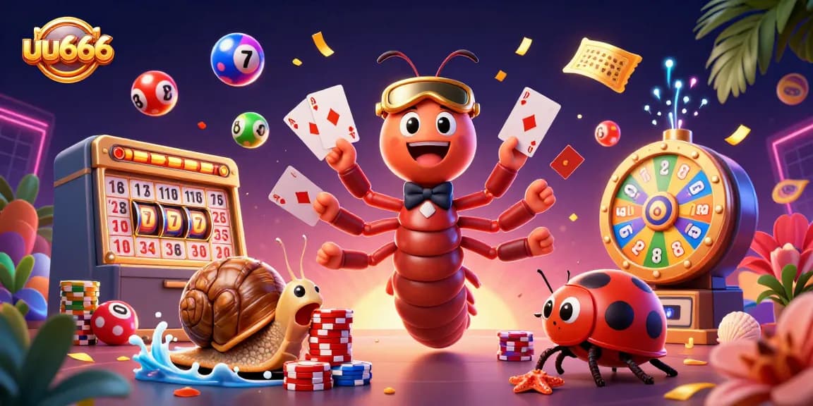 uu666 showcases a vibrant casino scene with a millipede dealer, colorful lottery balls, and jackpot elements.