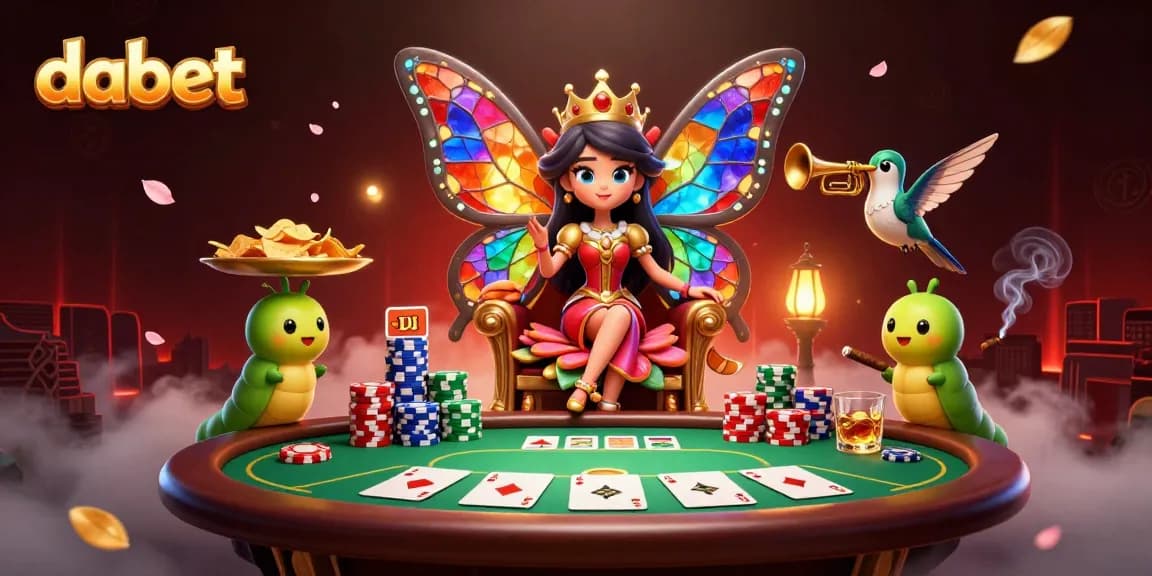 dabet engaging players with vibrant 3D casino illustration featuring a butterfly queen surrounded by poker chips and tables