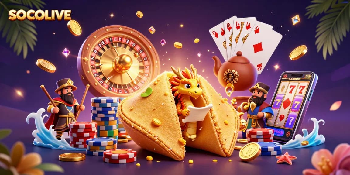 SOCOLIVE showcases a vibrant 3D illustration with a fortune cookie sage amidst falling coins, vibrant gaming elements.