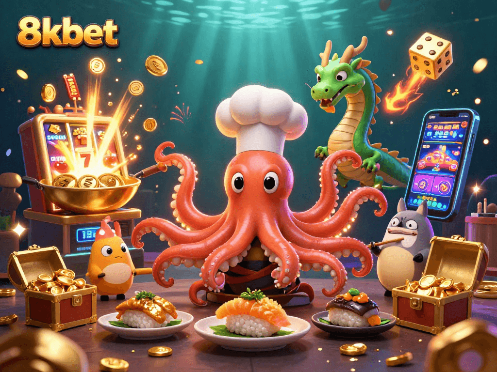 Play slots at 8kbet with vibrant 3D characters celebrating a jackpot explosion and thrilling casino action.