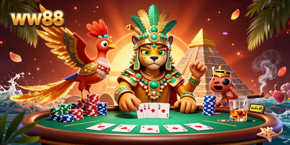 Experience the thrilling gameplay of WW88 with vibrant poker action and Mayan-themed characters.