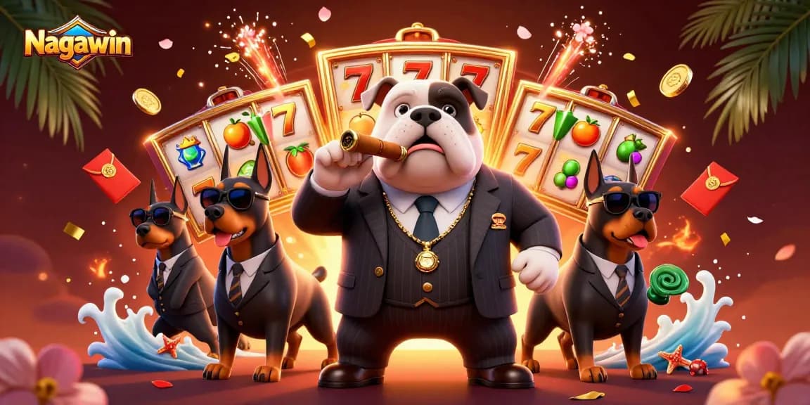 Nagawin showcases thrilling slot gameplay with a dapper mafia boss and bodyguards in a dynamic casino scene.