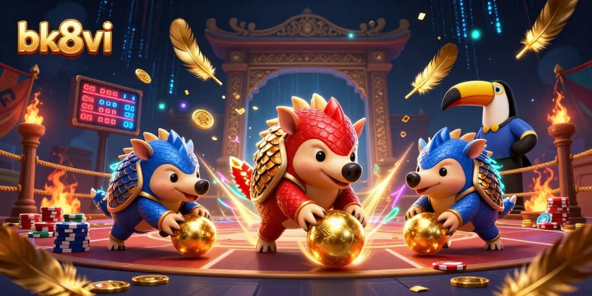 bk8vi pangolins battle through poker chips in a vibrant online casino scene.