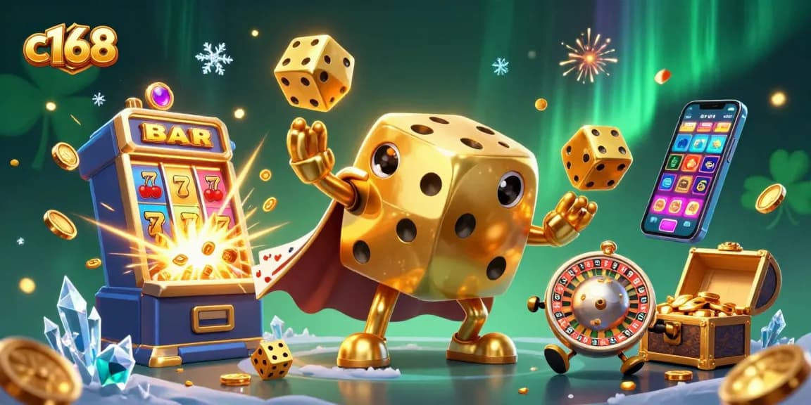 Experience thrilling games at c168 with a dynamic 3D illustration of golden dice and casino elements.