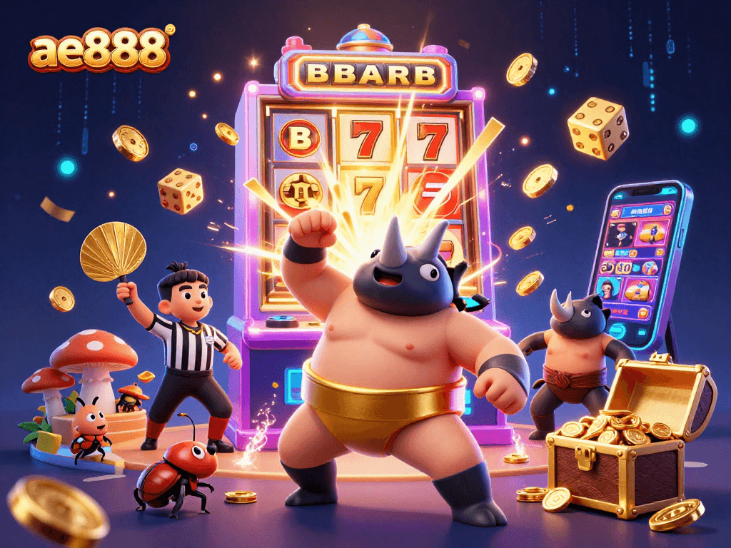 Engage with ae888's vibrant casino scene featuring thrilling slots and jubilant characters.