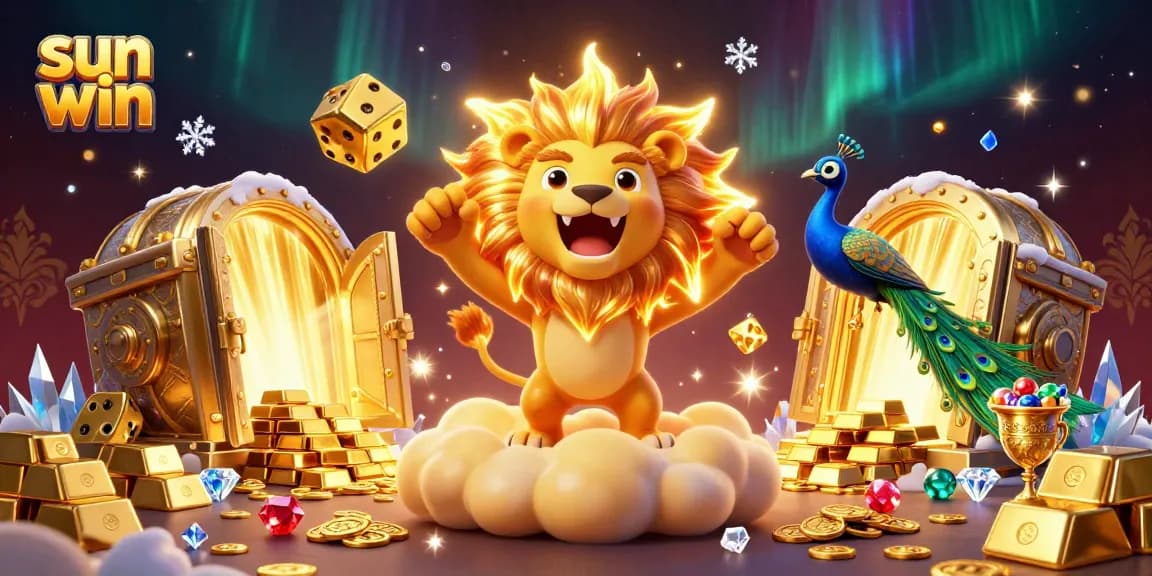 Experience the excitement of sun win with a golden lion roaring amidst treasures and dynamic casino symbols.