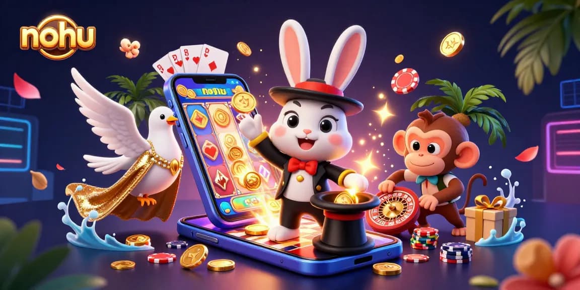 Play nohu casino games with golden coins and poker chips animated in a vibrant 3D illustration.