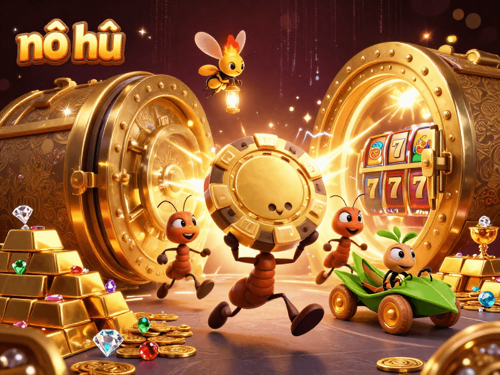Experience excitement with nổ hũ as cartoon ants carry a giant golden poker chip in a dynamic heist scene.