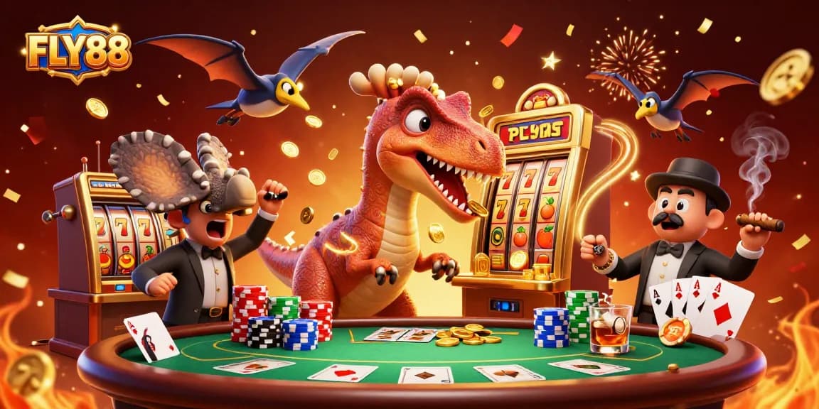 FLY88 brings excitement with a pachycephalosaurus headbutting a slot machine, coins flying everywhere!