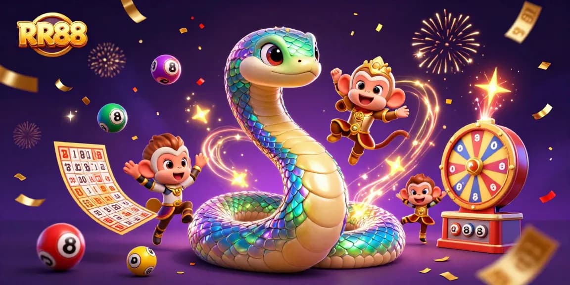 Engage with exciting RR88 gaming elements in a vibrant 3D illustration featuring lottery balls and golden tickets.