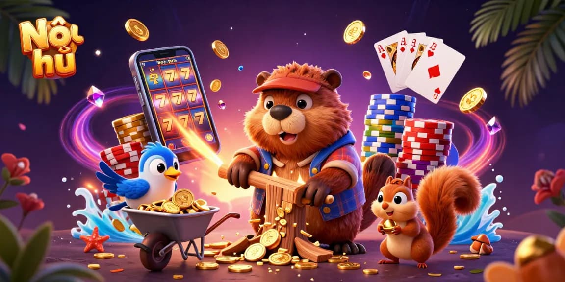 Nổ hũ game scene with a beaver collecting golden coins, showcasing jackpot excitement and winning thrills.