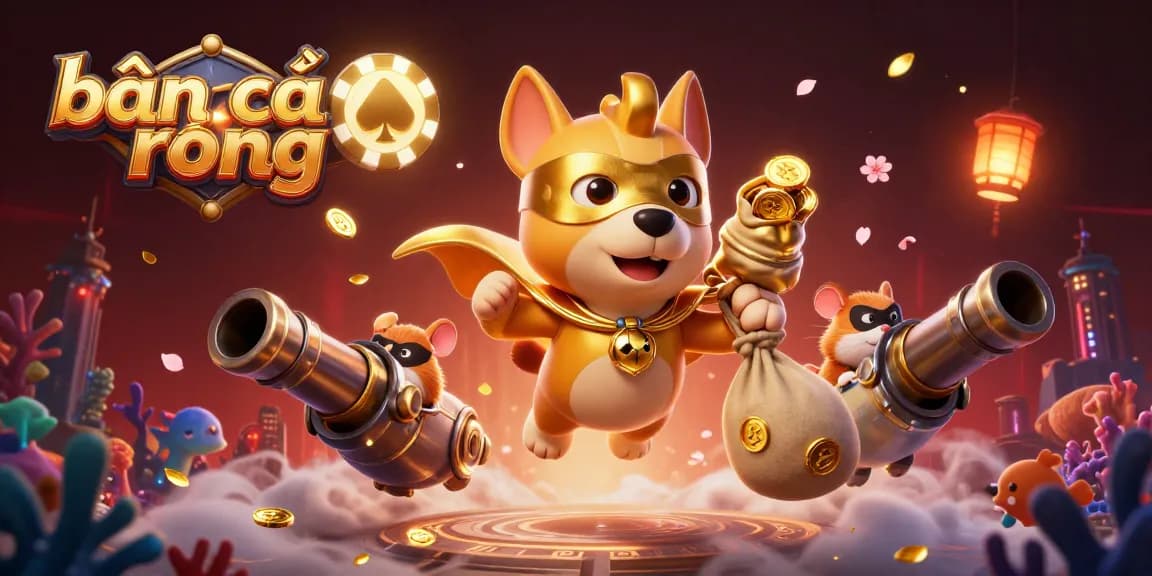 Bắn cá rồng game scene showcasing a superhero dog and hamster amidst sea creatures and golden coins.