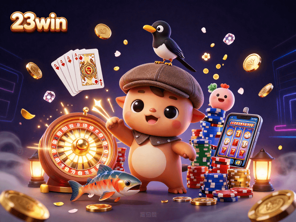 Experience the thrill of 23win with playful characters enjoying casino activities and dynamic game elements.