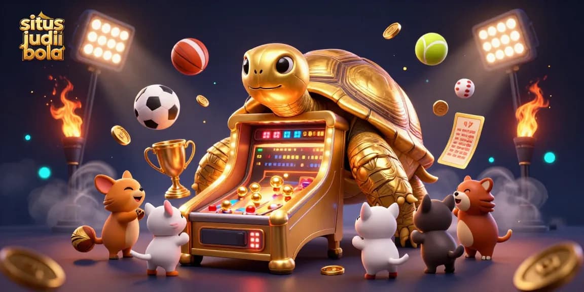 Gambarlah situs judi bola yang menampilkan kolosal kura-kura emas dalam skenario yang dinamis.