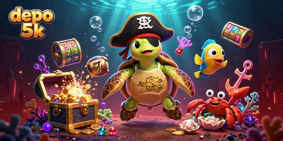 Experience the thrill of depo 5k slot games amidst treasure, with a turtle and friends in vibrant underwater scene.