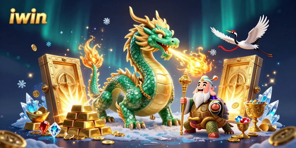 Engage with iwin's dynamic casino world featuring a jade dragon amidst treasures and energy