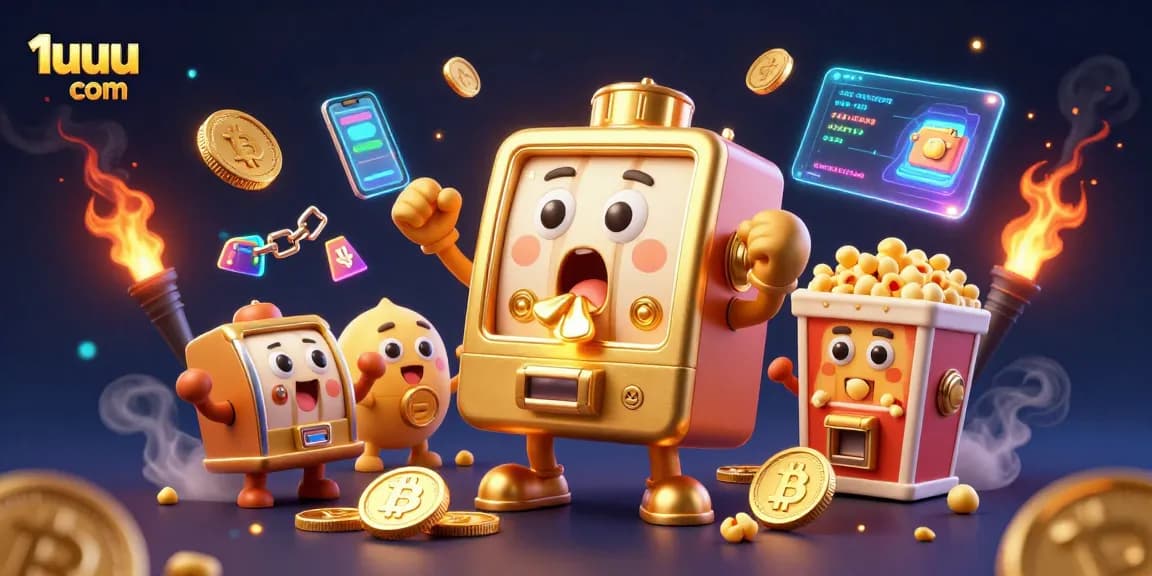 O 1uuu com traz uma emocionante cena de um caça-níqueis dourado em um jackpot, cercado por símbolos da sorte e elementos de jogos de cassino.