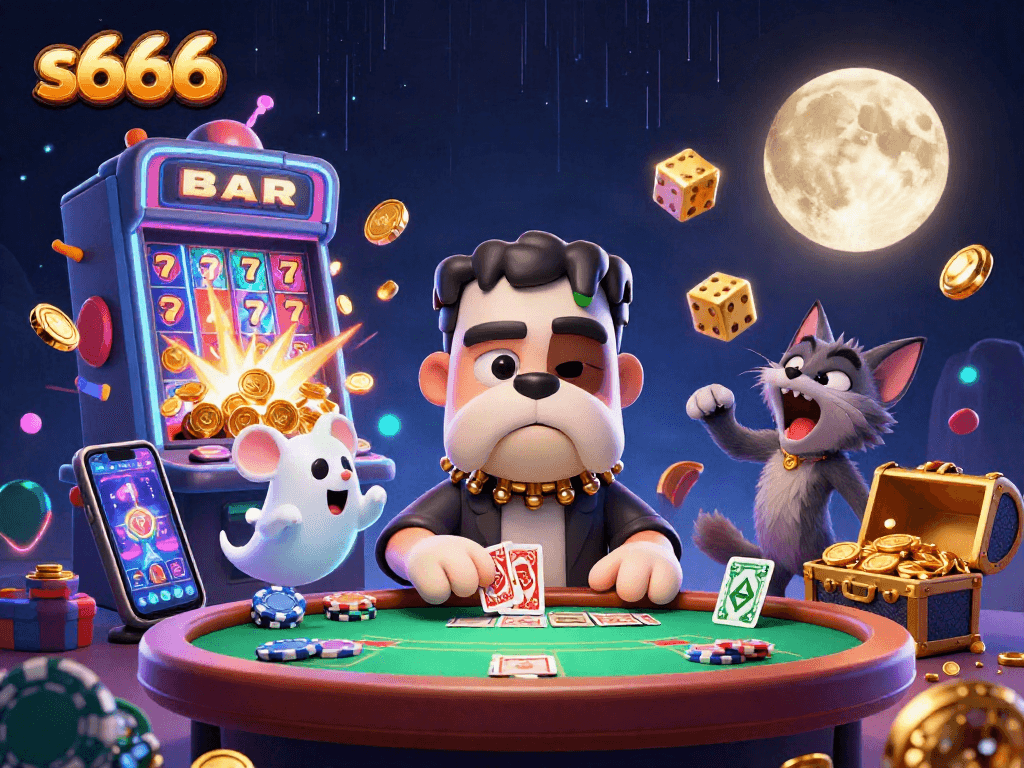 s666 poker scene featuring a Frankenstein bulldog dealer, ghost mouse, and werewolf kitten, all amidst casino excitement.