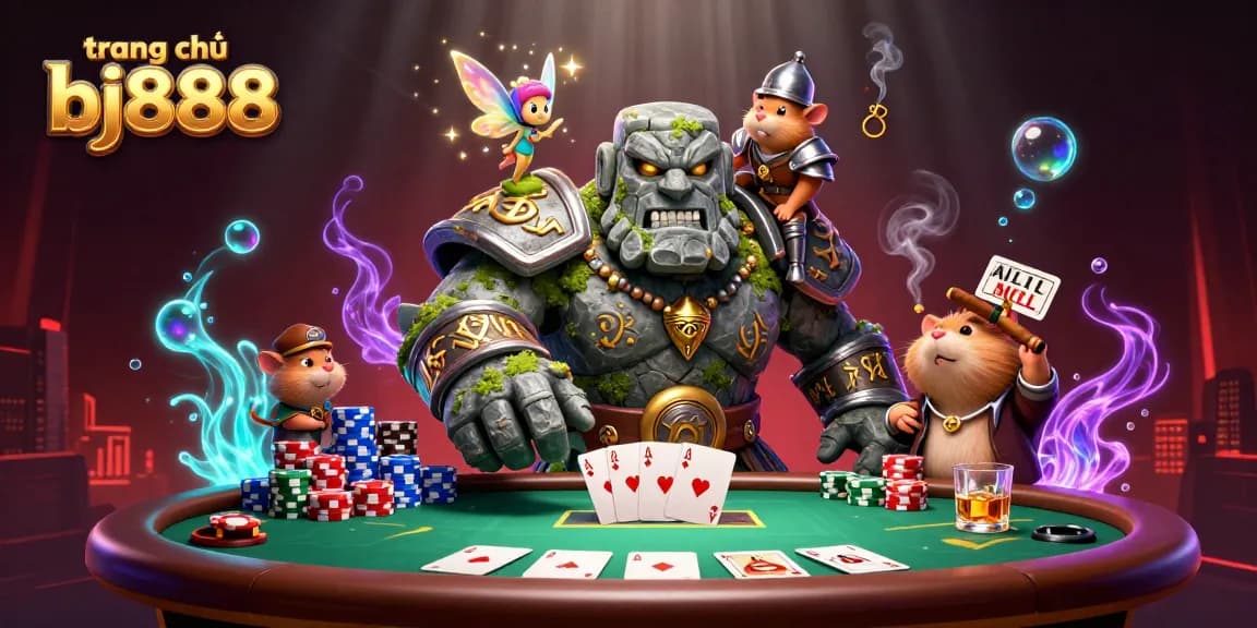 Experience the thrill of games at trang chủ bj888 with vibrant 3D illustrations showcasing poker and magical elements.