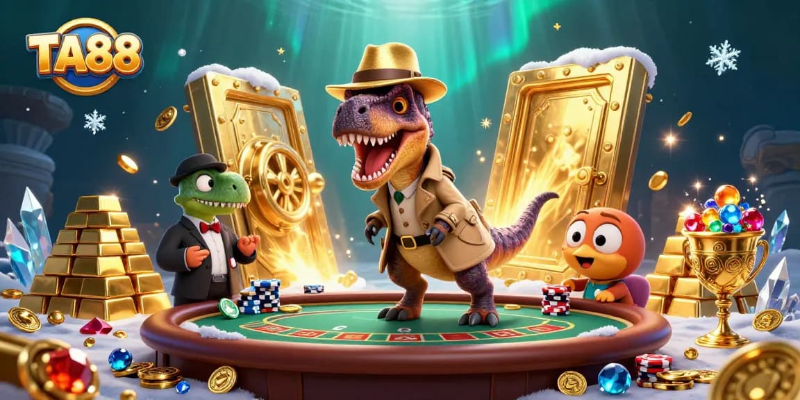 Engage with TA88's vibrant casino scene featuring a stealthy velociraptor at a blackjack table.