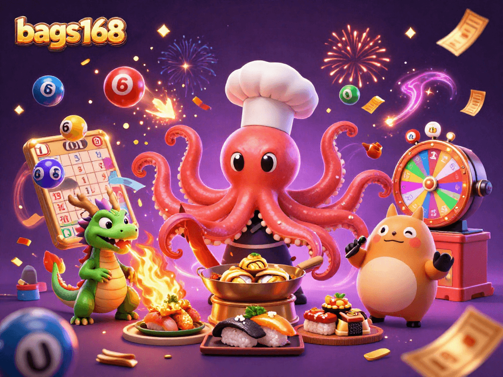 Bags168 captures the thrill of lottery excitement with dynamic lottery balls, bingo cards, and playful characters.