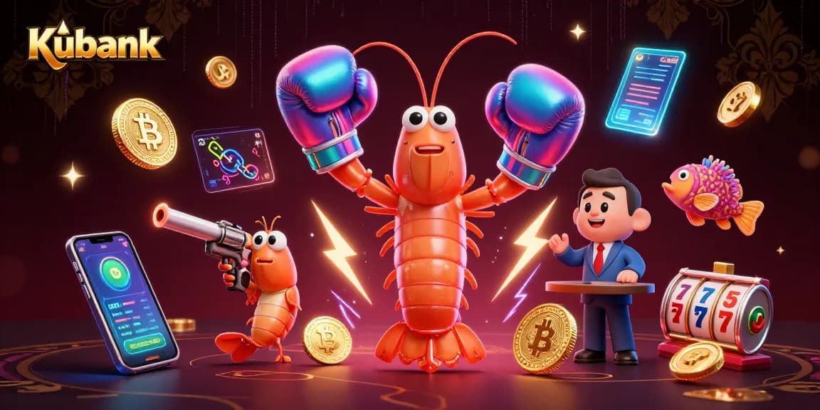 Kubank showcases a vibrant energy-filled casino scene with winning elements of slot reels, Bitcoin coins, and colorful characters.