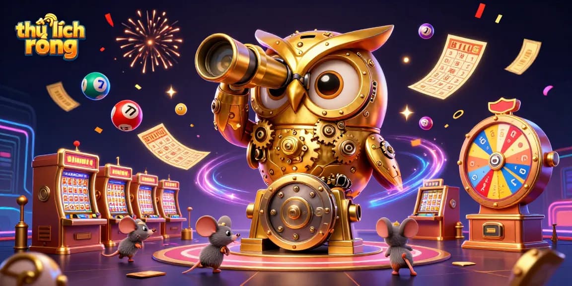 Immerse in the thrilling world of thủ lĩnh rồng, where a golden clockwork owl surveys dynamic casino activities and excitement.