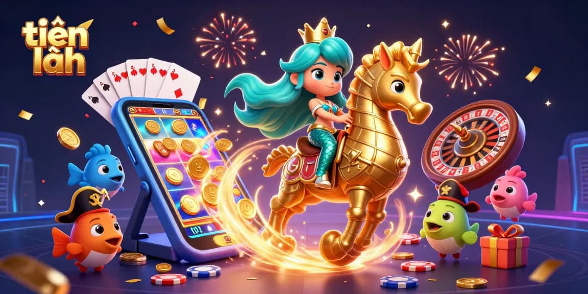 Experience excitement in tiến lên as the mermaid princess celebrates wins with game elements and vibrant surroundings.