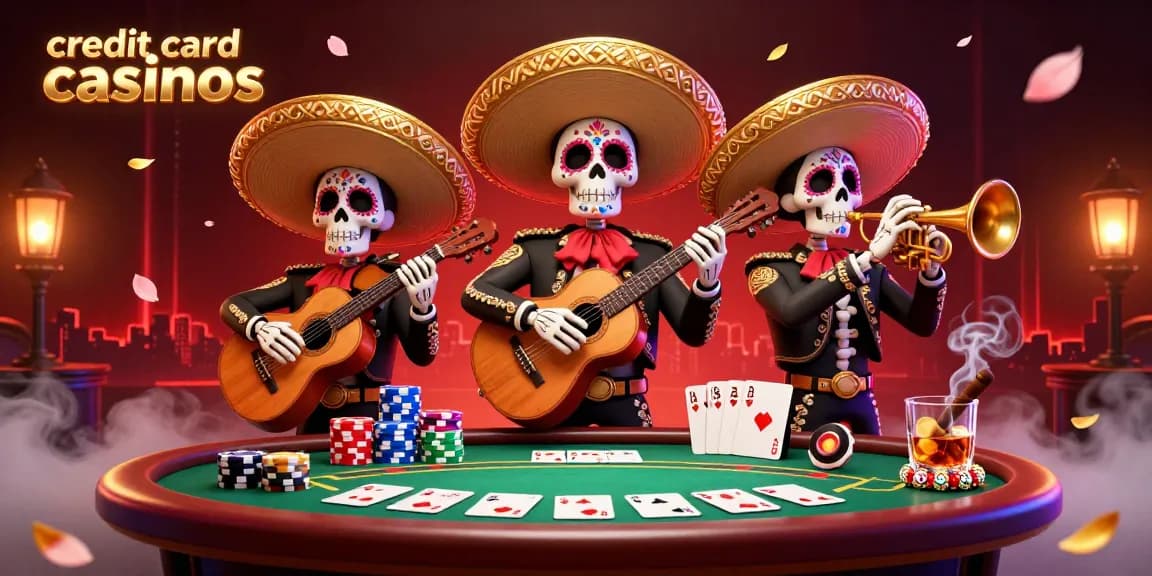 Experience the excitement of credit card casinos with a vibrant mariachi band amidst a thrilling poker scene.
