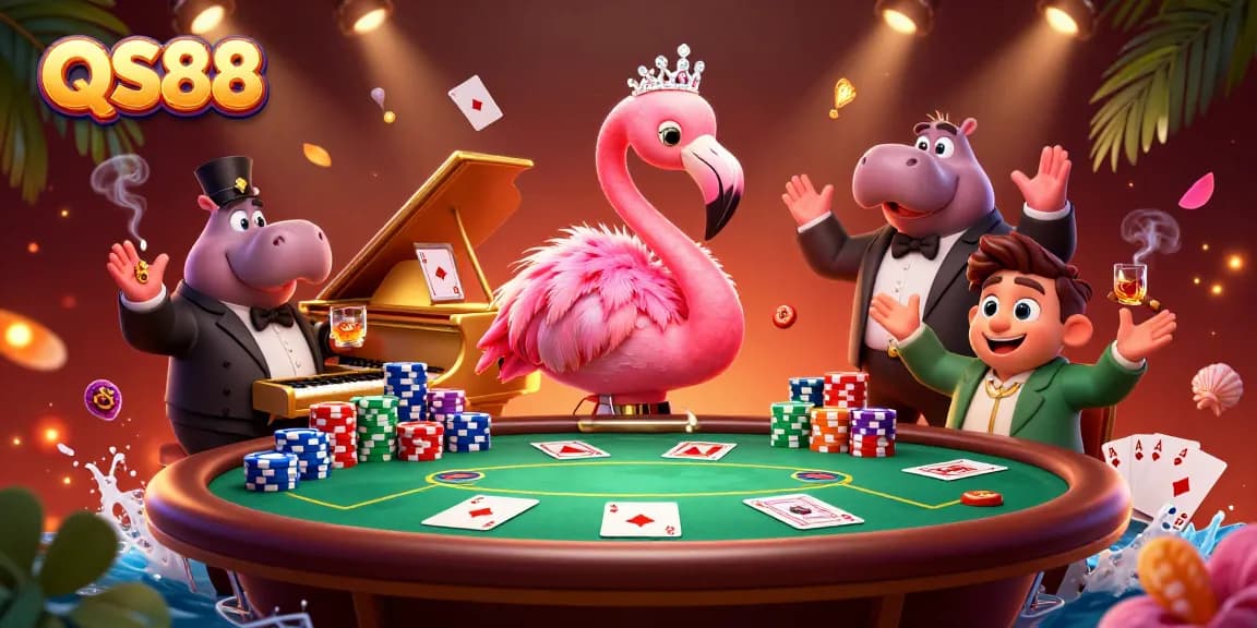 QS88 brings excitement with a lively casino scene featuring a flamingo singer and hippo bassist.