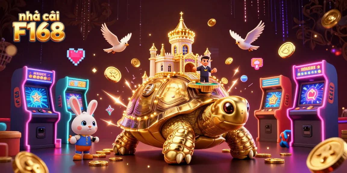 Experience the thrilling world of nhà cái F168 with golden tortoise casino art and festive game elements.