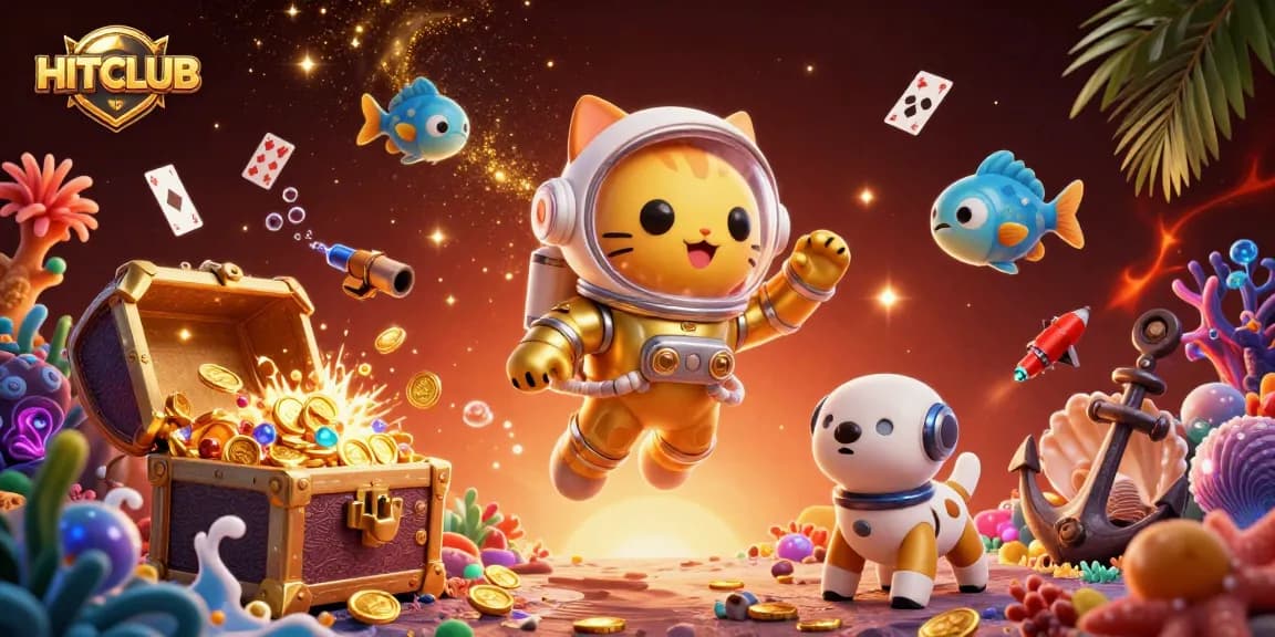 Experience the thrill of HITCLUB gaming with vibrant characters, gold coins, and dynamic casino elements.