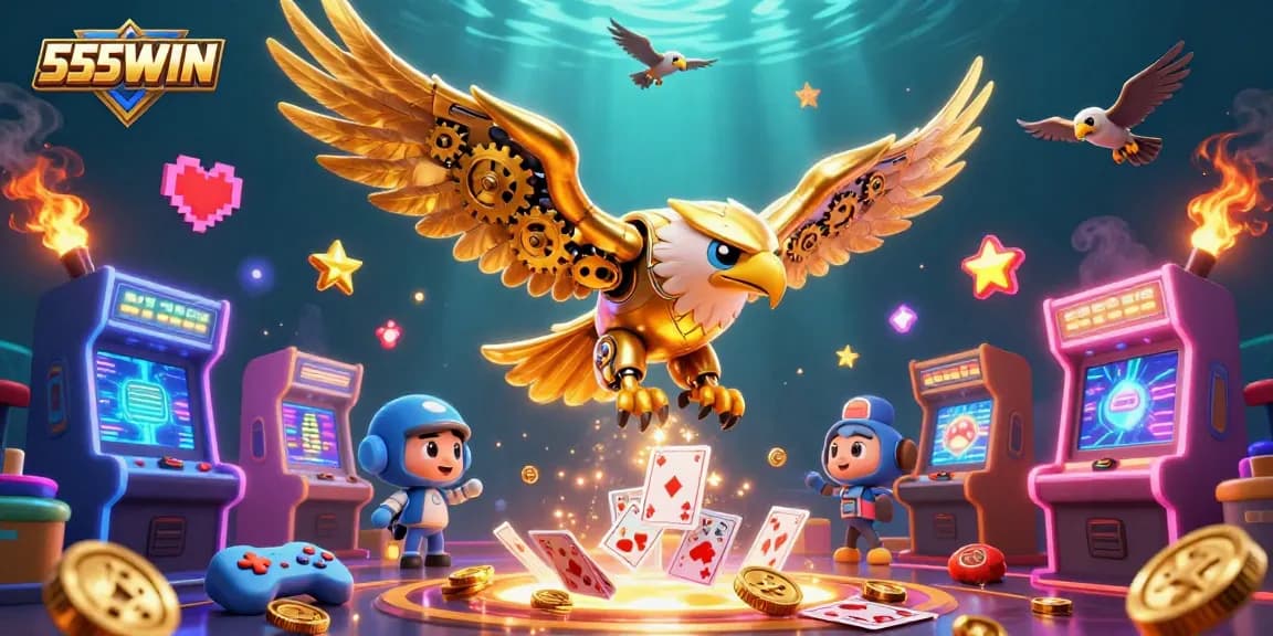 Engage in thrilling gameplay with 555WIN's vibrant 3D casino scene featuring dynamic characters and game elements.