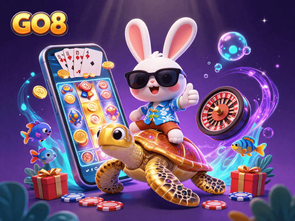 Experience the excitement of GO8 with our lucky rabbit and golden sea turtle in a vibrant casino scene.