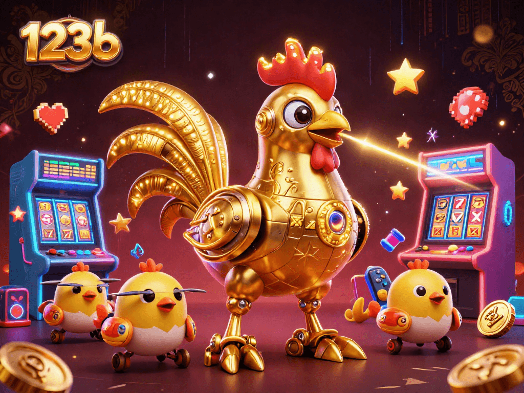 Engage in thrilling action at 123b with golden rooster robot and arcade gaming elements.