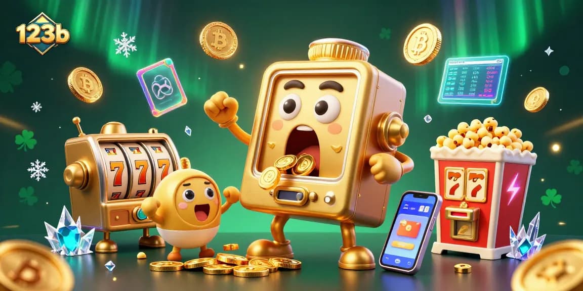 Win big with 123b as the golden slot machine celebrates a jackpot amidst vibrant casino elements.