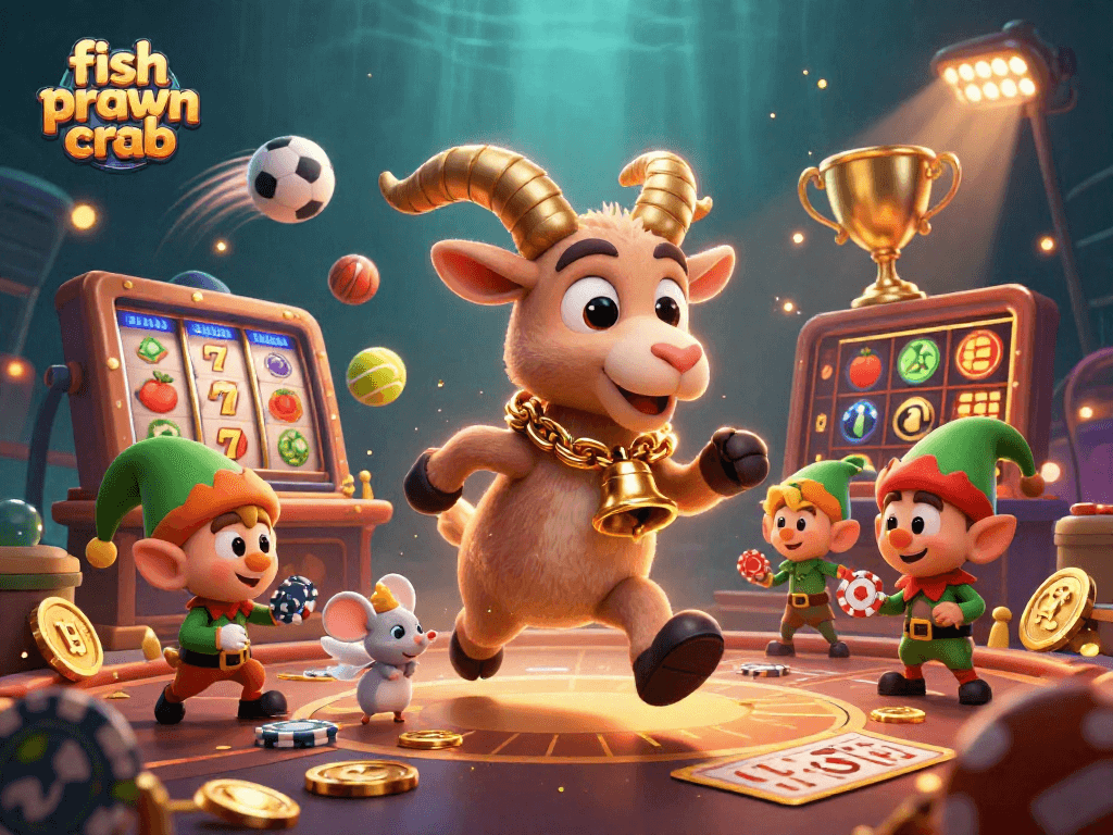 Engage in fish prawn crab gaming action with festive characters and exciting casino elements.