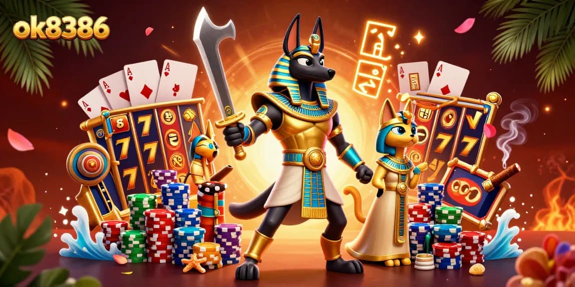Spin the reels at ok8386 with ancient deities amidst vibrant casino elements.