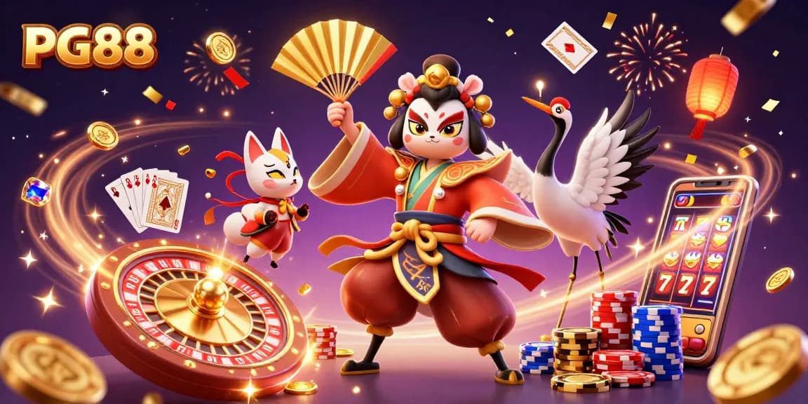Join the action at PG88, where dynamic gaming features and vibrant characters come alive in this 3D casino illustration.