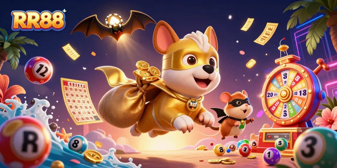 RR88 offers a thrilling experience with vibrant lottery elements and engaging characters in a dynamic casino scene.