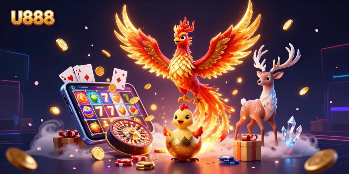Engage with U888's gaming thrill, featuring a dynamic scene with a phoenix and slot games.