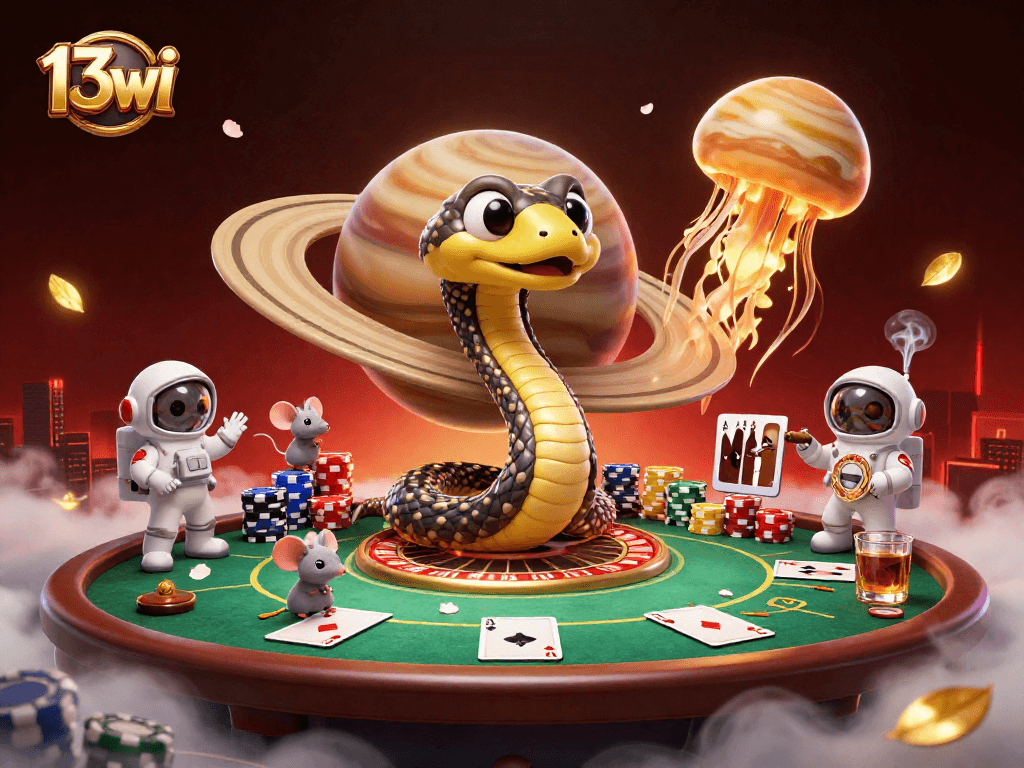 Engage with 13wi's thrilling cosmic roulette scene featuring astronaut mice betting and a golden jellyfish dealer.