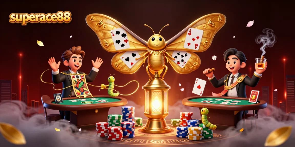 Experience winning with superace88 as the vibrant 3D casino scene comes alive with moths and luminous cards.